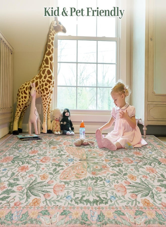 Collive Pink 5x7 Butterfly Area Rug, Vintage Floral Rug for Girls Bedroom Washable Non Slip, Soft Ultra Thin Boho Insect Carpet for Living Room Nursery Kids Room Playroom - Image 2